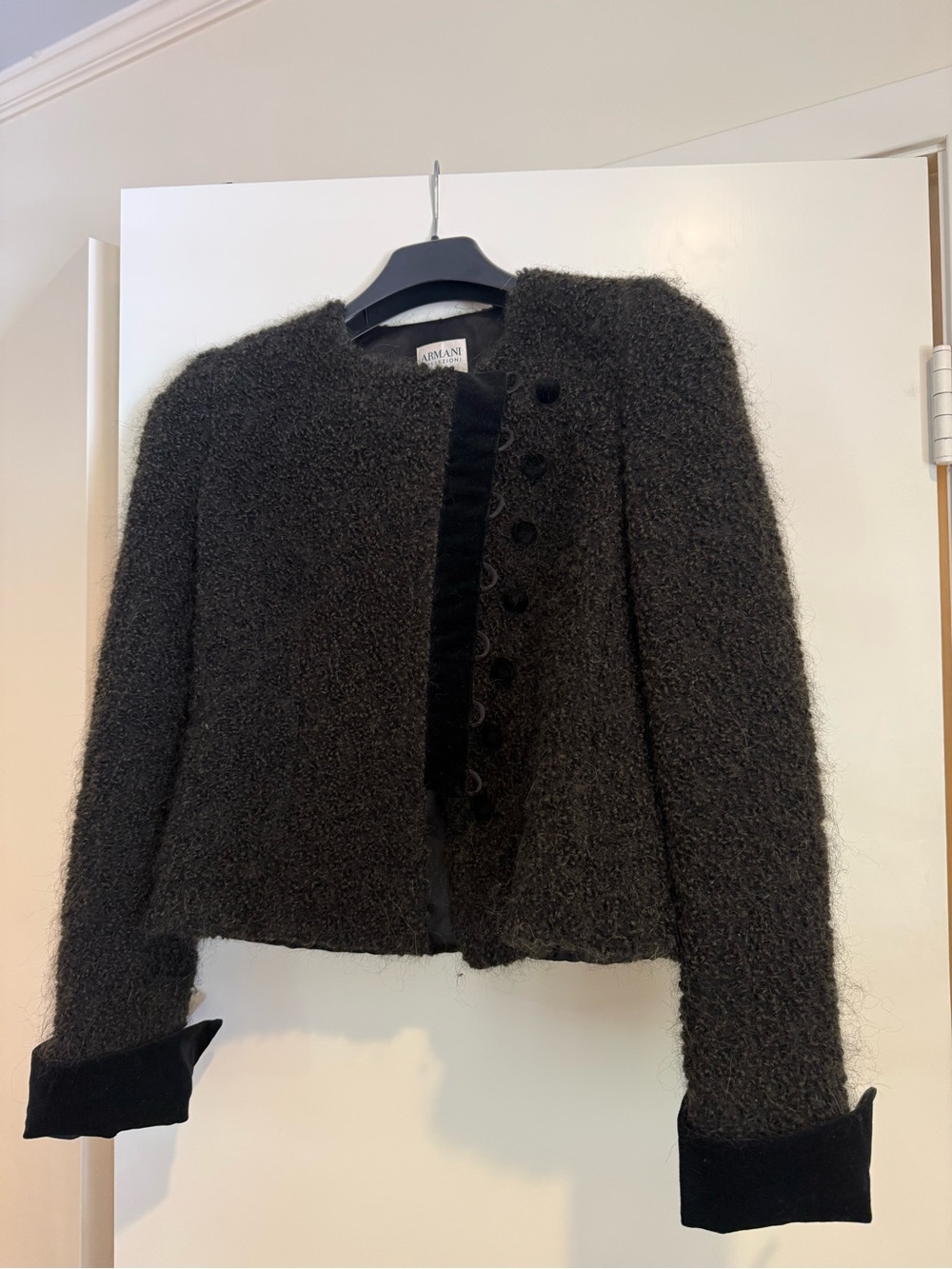 Armani Collezioni Black Fuzzy Wool-Blend Cropped Jacket with Velvet Trim